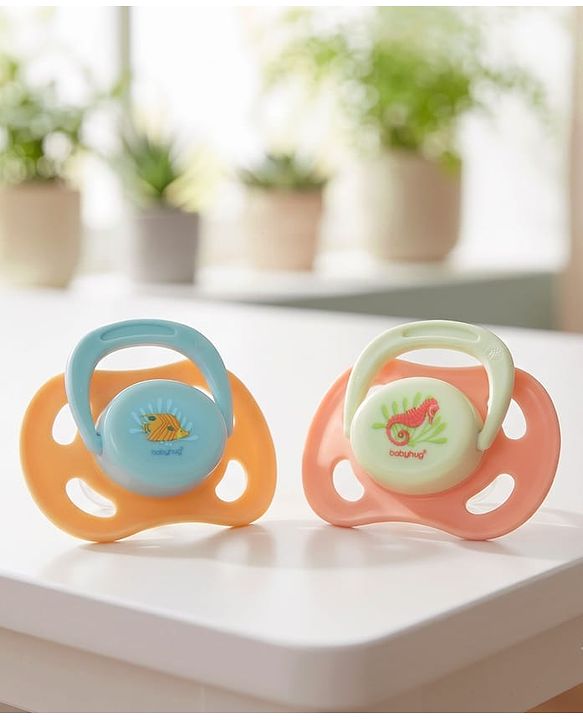 Babyhug Seahorse Print Orthodontic Pacifier Pack of 2| 3+ Months| Protective Hygienic Cap| Breathable Airflow Vents | Orthodontic Silicone Teat | Food-Grade Silicone | BPA Free | Baby Safe