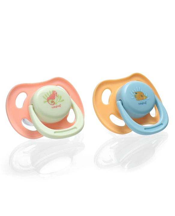 Babyhug Seahorse Print Orthodontic Pacifier Pack of 2| 3+ Months| Protective Hygienic Cap| Breathable Airflow Vents | Orthodontic Silicone Teat | Food-Grade Silicone | BPA Free | Baby Safe