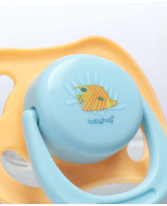 Babyhug Seahorse Print Orthodontic Pacifier Pack of 2| 3+ Months| Protective Hygienic Cap| Breathable Airflow Vents | Orthodontic Silicone Teat | Food-Grade Silicone | BPA Free | Baby Safe