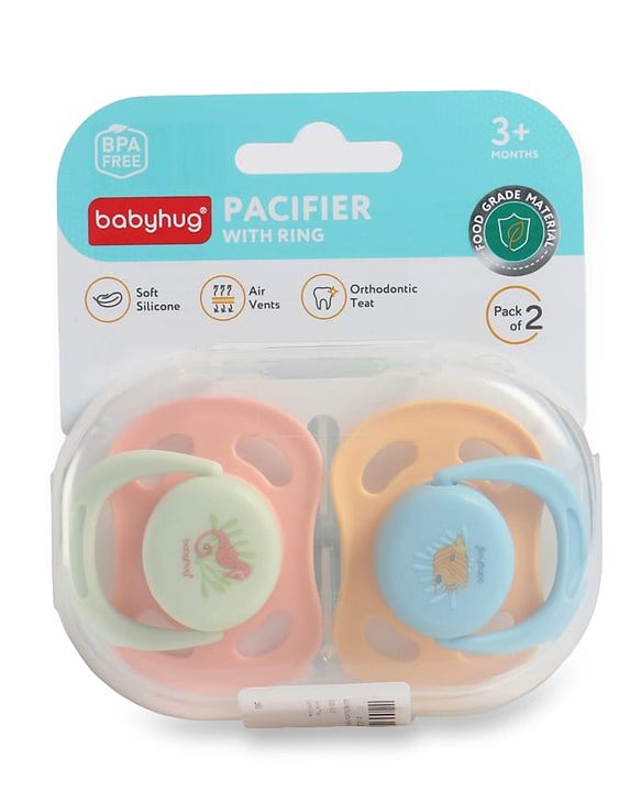 Babyhug Seahorse Print Orthodontic Pacifier Pack of 2| 3+ Months| Protective Hygienic Cap| Breathable Airflow Vents | Orthodontic Silicone Teat | Food-Grade Silicone | BPA Free | Baby Safe