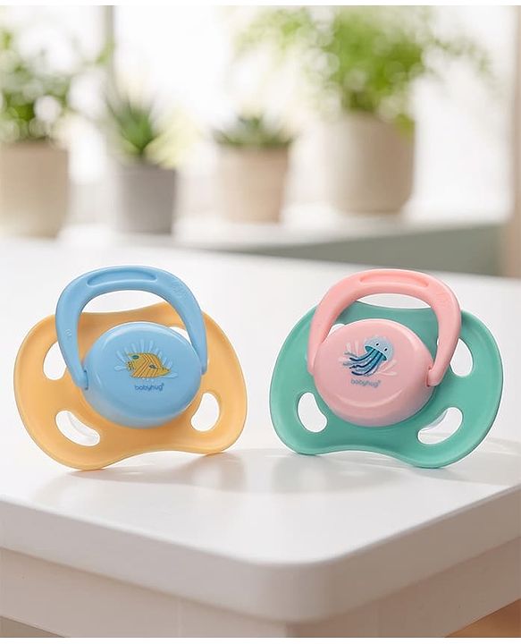 Babyhug Seahorse Print Orthodontic Pacifier Pack of 2| 3+ Months| Protective Hygienic Cap| Breathable Airflow Vents | Orthodontic Silicone Teat | Food-Grade Silicone | BPA Free | Baby Safe
