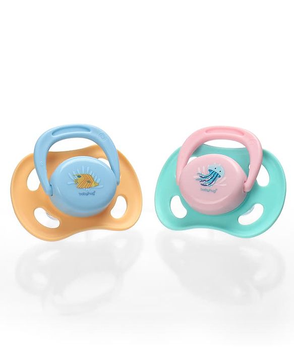 Babyhug Seahorse Print Orthodontic Pacifier Pack of 2| 3+ Months| Protective Hygienic Cap| Breathable Airflow Vents | Orthodontic Silicone Teat | Food-Grade Silicone | BPA Free | Baby Safe