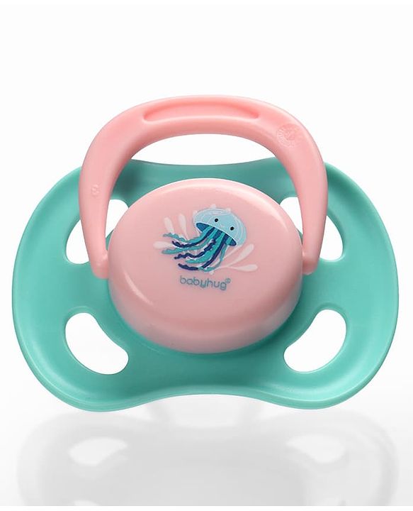 Babyhug Seahorse Print Orthodontic Pacifier Pack of 2| 3+ Months| Protective Hygienic Cap| Breathable Airflow Vents | Orthodontic Silicone Teat | Food-Grade Silicone | BPA Free | Baby Safe