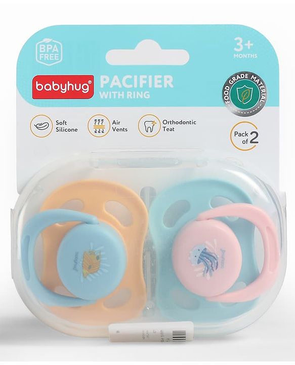 Babyhug Seahorse Print Orthodontic Pacifier Pack of 2| 3+ Months| Protective Hygienic Cap| Breathable Airflow Vents | Orthodontic Silicone Teat | Food-Grade Silicone | BPA Free | Baby Safe