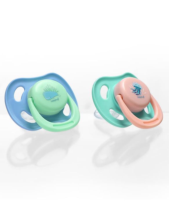 Babyhug Seahorse Print Orthodontic Pacifier Pack of 2| 3+ Months| Protective Hygienic Cap| Breathable Airflow Vents | Orthodontic Silicone Teat | Food-Grade Silicone | BPA Free | Baby Safe