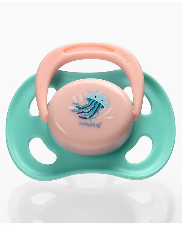 Babyhug Seahorse Print Orthodontic Pacifier Pack of 2| 3+ Months| Protective Hygienic Cap| Breathable Airflow Vents | Orthodontic Silicone Teat | Food-Grade Silicone | BPA Free | Baby Safe
