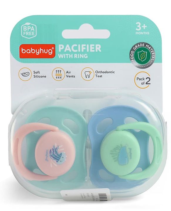 Babyhug Seahorse Print Orthodontic Pacifier Pack of 2| 3+ Months| Protective Hygienic Cap| Breathable Airflow Vents | Orthodontic Silicone Teat | Food-Grade Silicone | BPA Free | Baby Safe