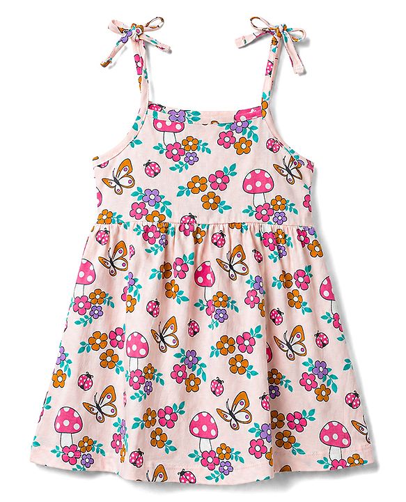Babyhug 100% Cotton Knit Sleeveless Floral & Butterfly Printed Frocks With Bow Applique Pack Of 2 - Multicolor