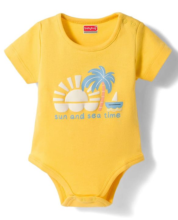 Babyhug 100% Cotton Knit Half Sleeves Onesie with Diaper Leggings & Beach Theme Print - Yellow & Light Blue