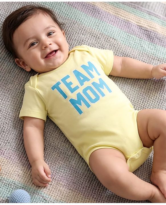 Babyhug 100% Cotton Knit Half Sleeves Text Printed Onesies - Yellow