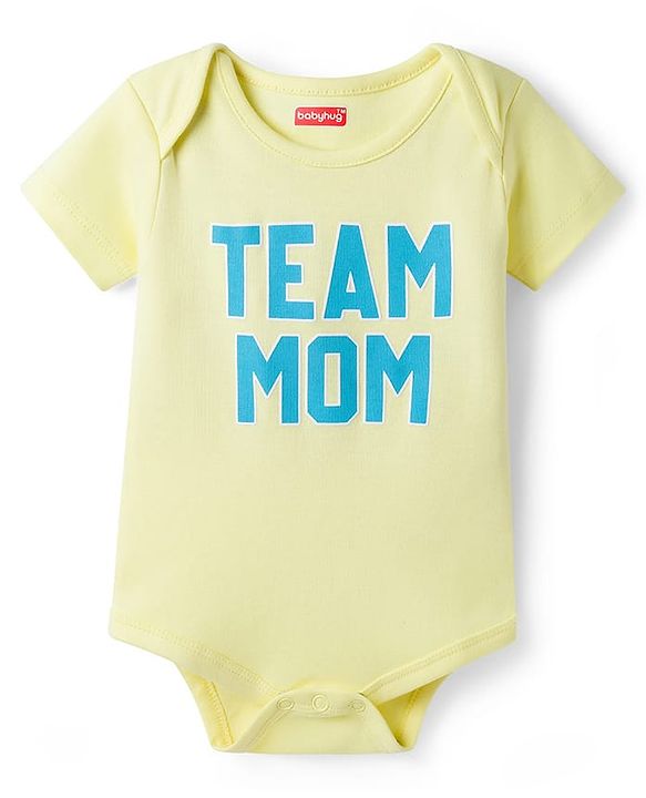 Babyhug 100% Cotton Knit Half Sleeves Text Printed Onesies - Yellow