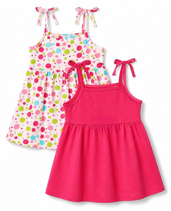 Babyhug 100% Cotton Single Jersey Knit Sleeveless Solid & Polka Dots Printed Frocks with Bow Applique Pack of 2 - Red