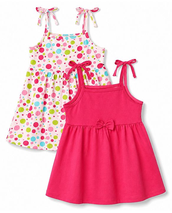 Babyhug 100% Cotton Single Jersey Knit Sleeveless Solid & Polka Dots Printed Frocks with Bow Applique Pack of 2 - Red