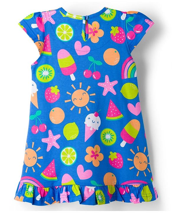 Babyhug Cotton Knit Half Sleeves Nighty with Tropical Theme Print - Blue