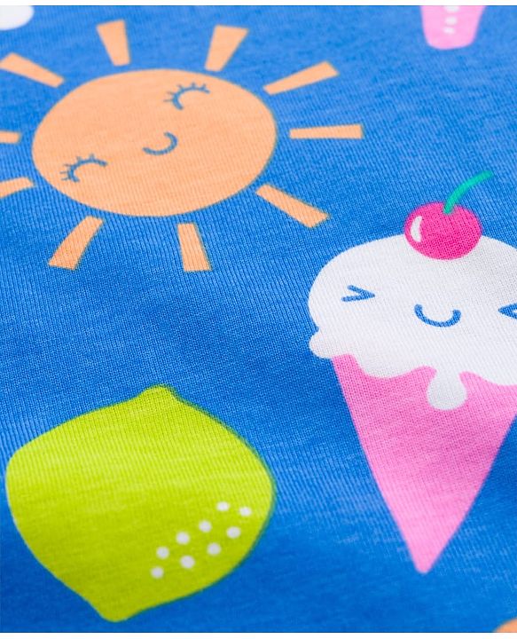 Babyhug Cotton Knit Half Sleeves Nighty with Tropical Theme Print - Blue