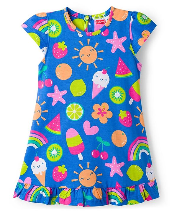 Babyhug Cotton Knit Half Sleeves Nighty with Tropical Theme Print - Blue