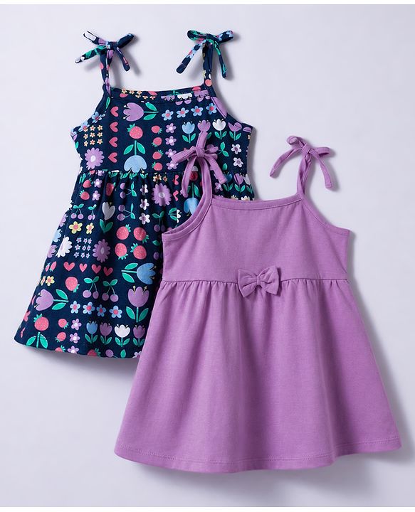 Babyhug 100% Cotton Knit Shoulder Strap Frocks With Bow Applique Pack Of 2 - Multicolor