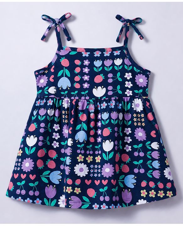 Babyhug 100% Cotton Knit Shoulder Strap Frocks With Bow Applique Pack Of 2 - Multicolor