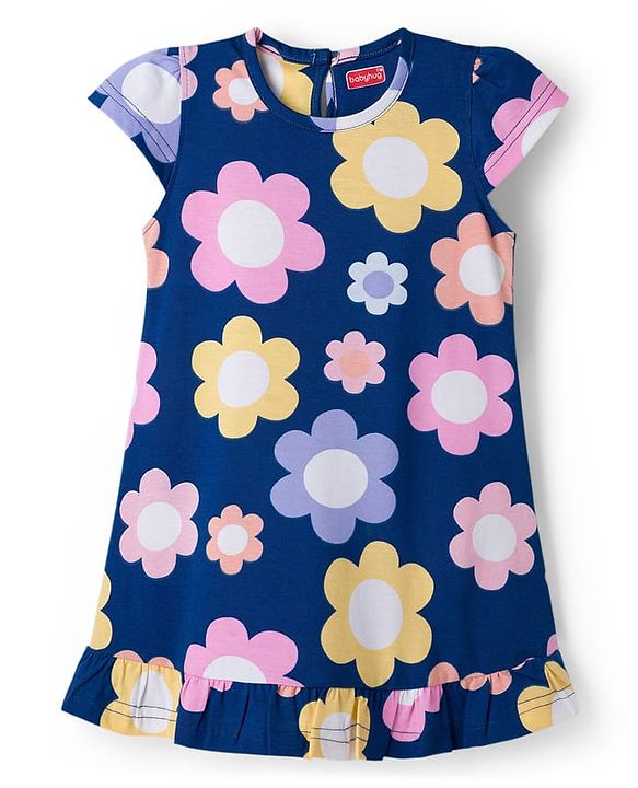 Babyhug Cotton Knit Half Sleeves Nighty with Floral Print - Navy Blue