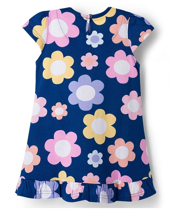 Babyhug Cotton Knit Half Sleeves Nighty with Floral Print - Navy Blue