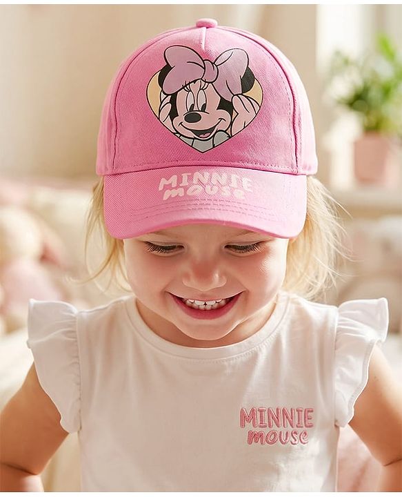 Babyhug Disney Cotton Woven Cap With Mickey Mouse Graphics Pink - Diameter 20 cm