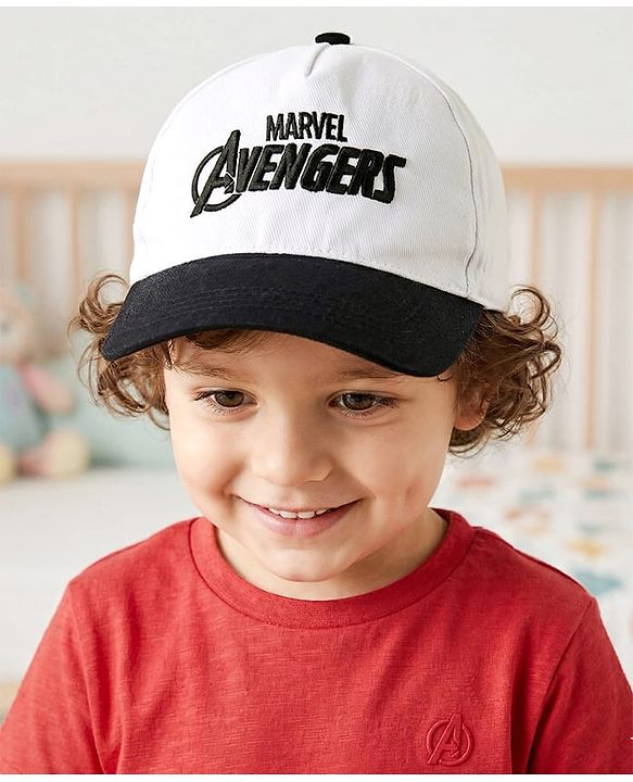 Pine Kids Marvel Cotton Woven Cap With Avenger Graphics - White & Black