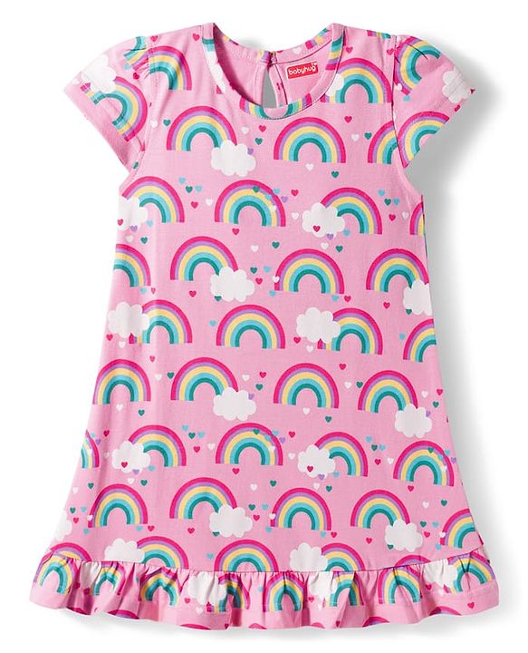 Babyhug Cotton Knit Half Sleeves Nighty with Rainbow Print - Pink