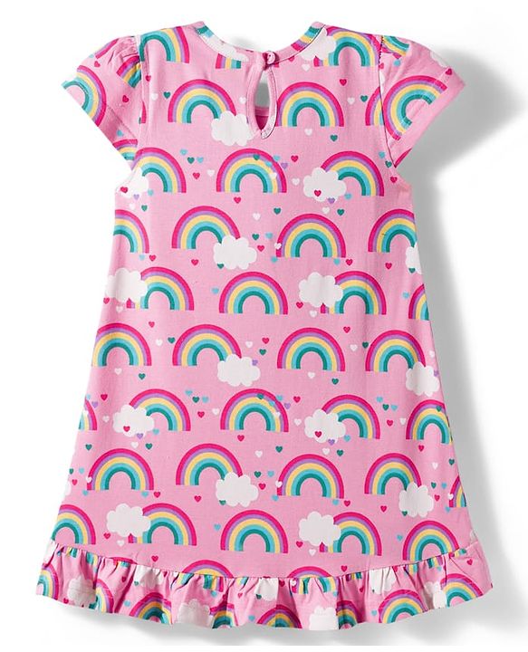 Babyhug Cotton Knit Half Sleeves Nighty with Rainbow Print - Pink