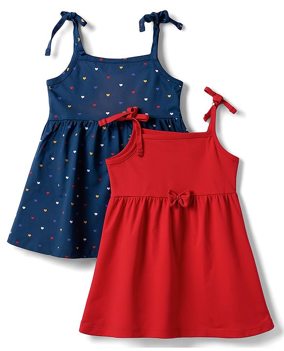 Babyhug 100% Cotton Single Jersey Knit Sleeveless Solid & Polka Dots Printed Frocks with Bow Applique Pack of 2 - Red & Navy