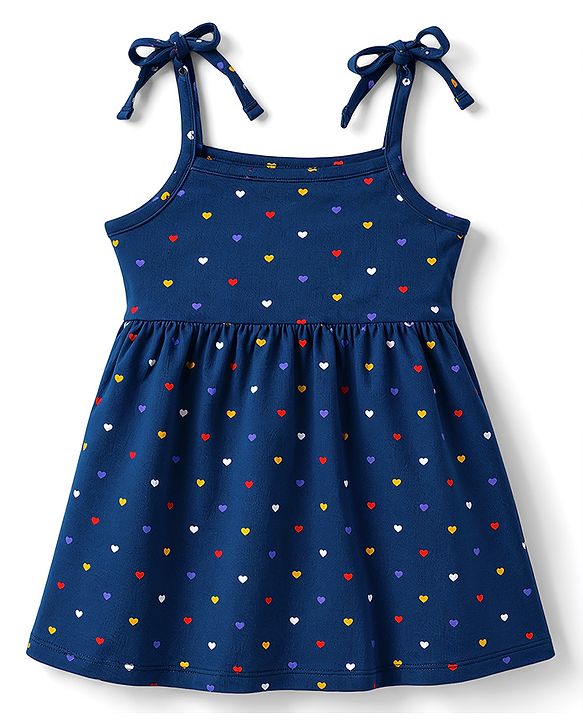 Babyhug 100% Cotton Single Jersey Knit Sleeveless Solid & Polka Dots Printed Frocks with Bow Applique Pack of 2 - Red & Navy