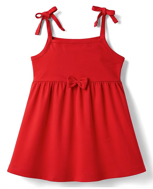 Babyhug 100% Cotton Single Jersey Knit Sleeveless Solid & Polka Dots Printed Frocks with Bow Applique Pack of 2 - Red & Navy