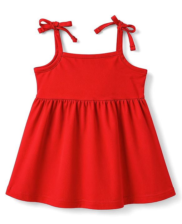 Babyhug 100% Cotton Single Jersey Knit Sleeveless Solid & Polka Dots Printed Frocks with Bow Applique Pack of 2 - Red & Navy