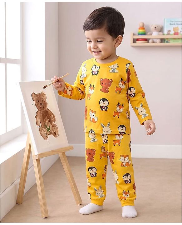 Babyhug Cotton Knit Full Sleeves Co-ords T-Shirt & Pajama Night Suit with Animal Print - Yellow