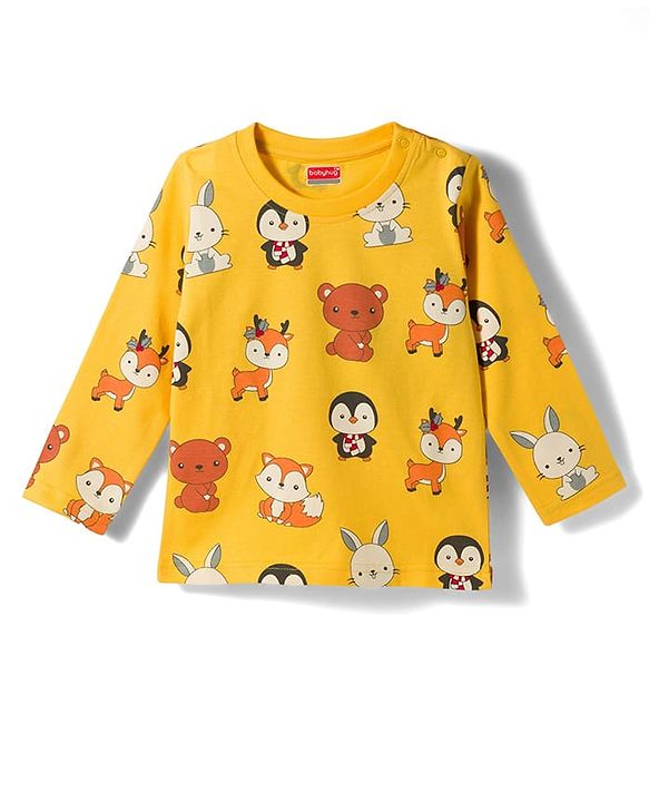 Babyhug Cotton Knit Full Sleeves Co-ords T-Shirt & Pajama Night Suit with Animal Print - Yellow