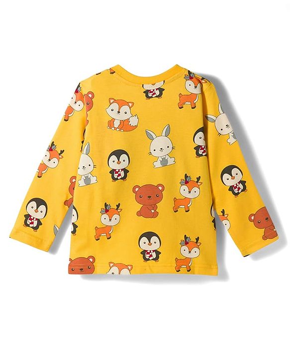 Babyhug Cotton Knit Full Sleeves Co-ords T-Shirt & Pajama Night Suit with Animal Print - Yellow