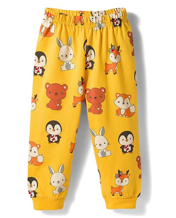 Babyhug Cotton Knit Full Sleeves Co-ords T-Shirt & Pajama Night Suit with Animal Print - Yellow