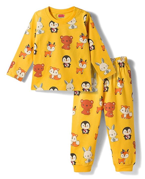 Babyhug Cotton Knit Full Sleeves Co-ords T-Shirt & Pajama Night Suit with Animal Print - Yellow