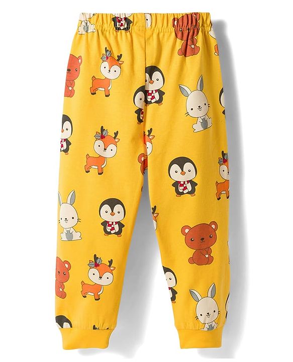 Babyhug Cotton Knit Full Sleeves Co-ords T-Shirt & Pajama Night Suit with Animal Print - Yellow