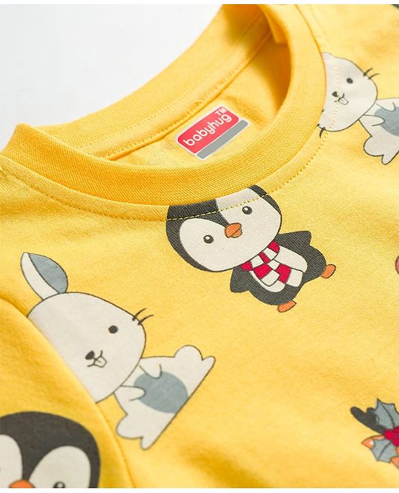 Babyhug Cotton Knit Full Sleeves Co-ords T-Shirt & Pajama Night Suit with Animal Print - Yellow