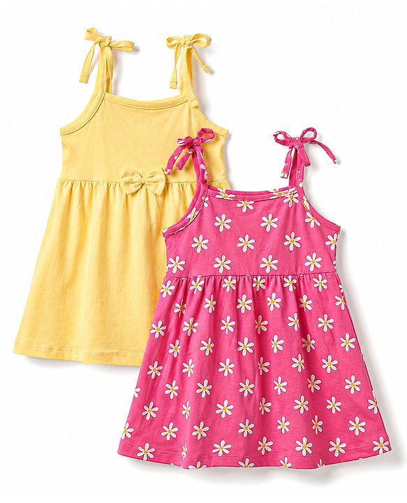 Babyhug 100% Cotton Knit Sleeveless Floral Printed Frocks With Bow Applique Pack Of 2 - Multicolor