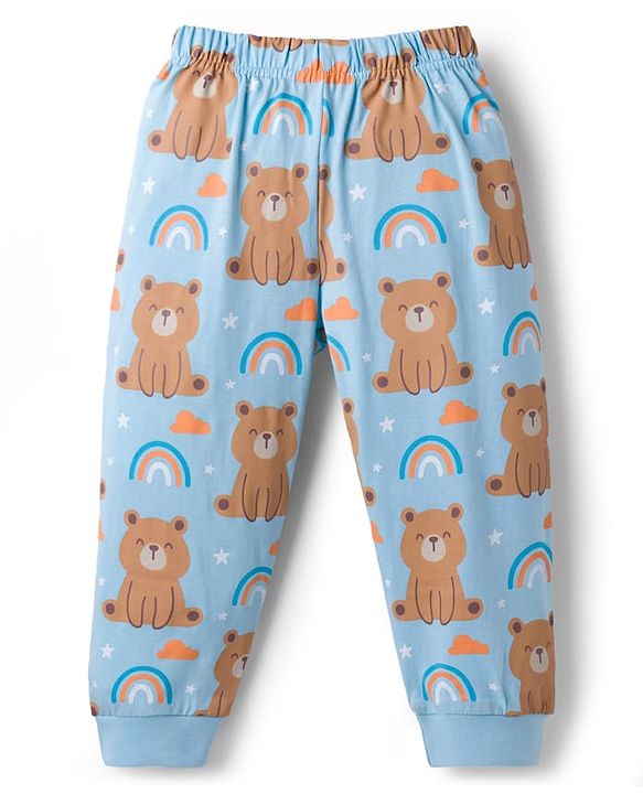 Babyhug Cotton Knit Full Sleeves T-Shirt & Pyjama Night Suit With Teddy Bear & Rainbow Print - Blue