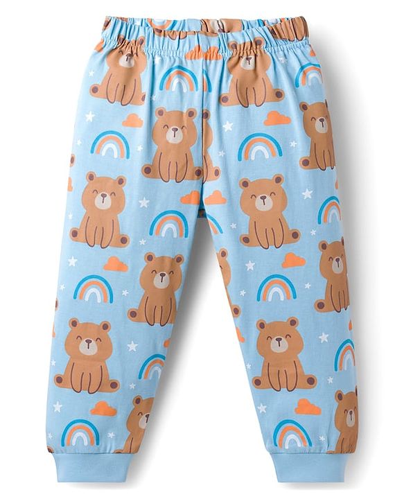 Babyhug Cotton Knit Full Sleeves T-Shirt & Pyjama Night Suit With Teddy Bear & Rainbow Print - Blue
