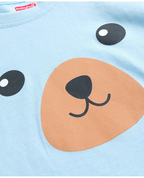 Babyhug Cotton Knit Full Sleeves T-Shirt & Pyjama Night Suit With Teddy Bear & Rainbow Print - Blue