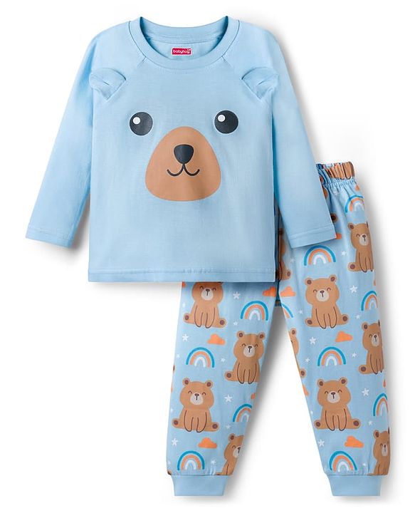 Babyhug Cotton Knit Full Sleeves T-Shirt & Pyjama Night Suit With Teddy Bear & Rainbow Print - Blue