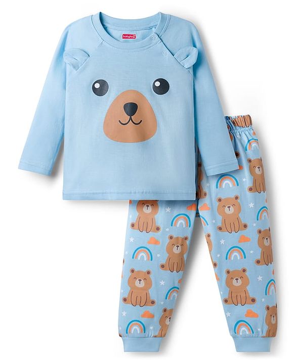 Babyhug Cotton Knit Full Sleeves T-Shirt & Pyjama Night Suit With Teddy Bear & Rainbow Print - Blue