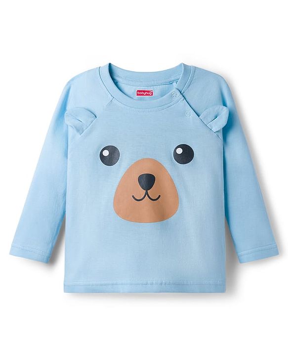 Babyhug Cotton Knit Full Sleeves T-Shirt & Pyjama Night Suit With Teddy Bear & Rainbow Print - Blue