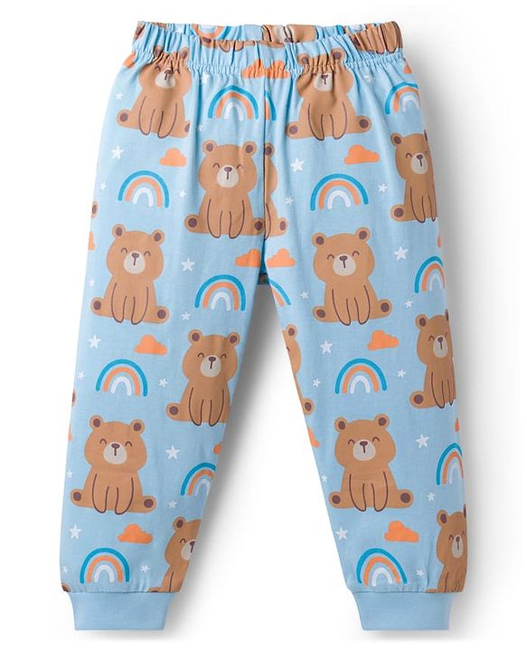 Babyhug Cotton Knit Full Sleeves T-Shirt & Pyjama Night Suit With Teddy Bear & Rainbow Print - Blue