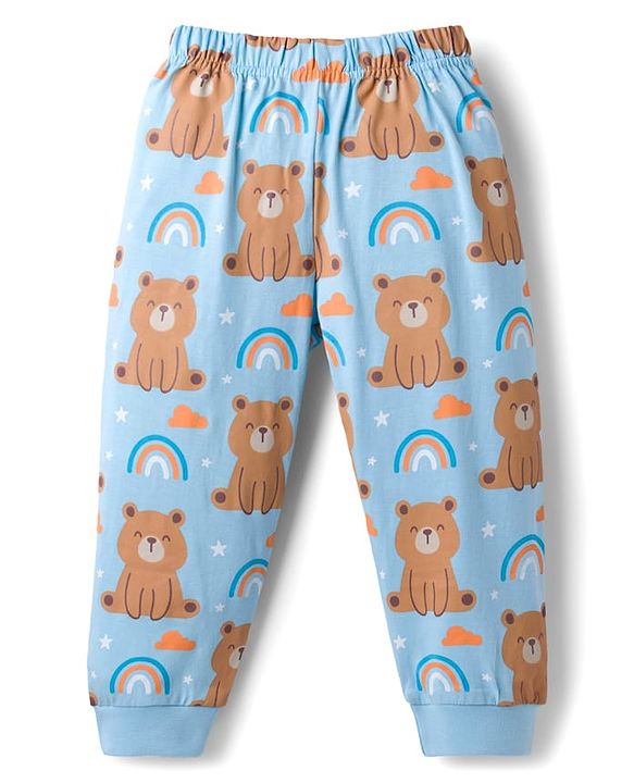Babyhug Cotton Knit Full Sleeves T-Shirt & Pyjama Night Suit With Teddy Bear & Rainbow Print - Blue