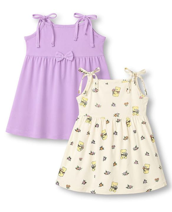 Babyhug 100% Cotton Knit Sleeveless Floral & Bear Printed Frocks With Bow Applique Pack of 2 - Multicolor