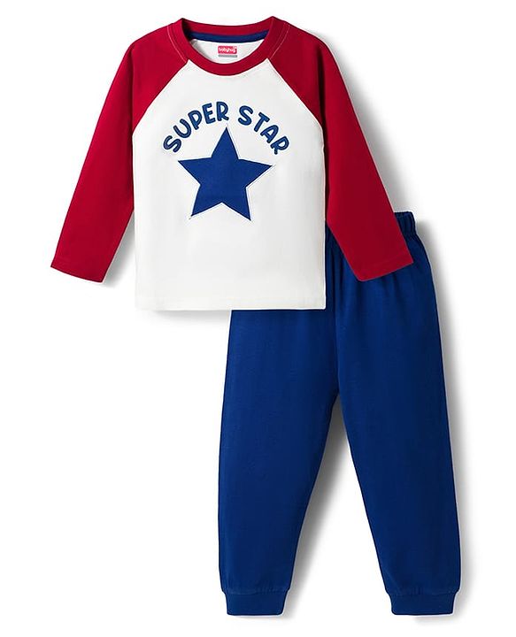 Babyhug Cotton Knit Full Raglan Sleeves T-Shirt & Pyjama Night Suit With Super Star Print - White